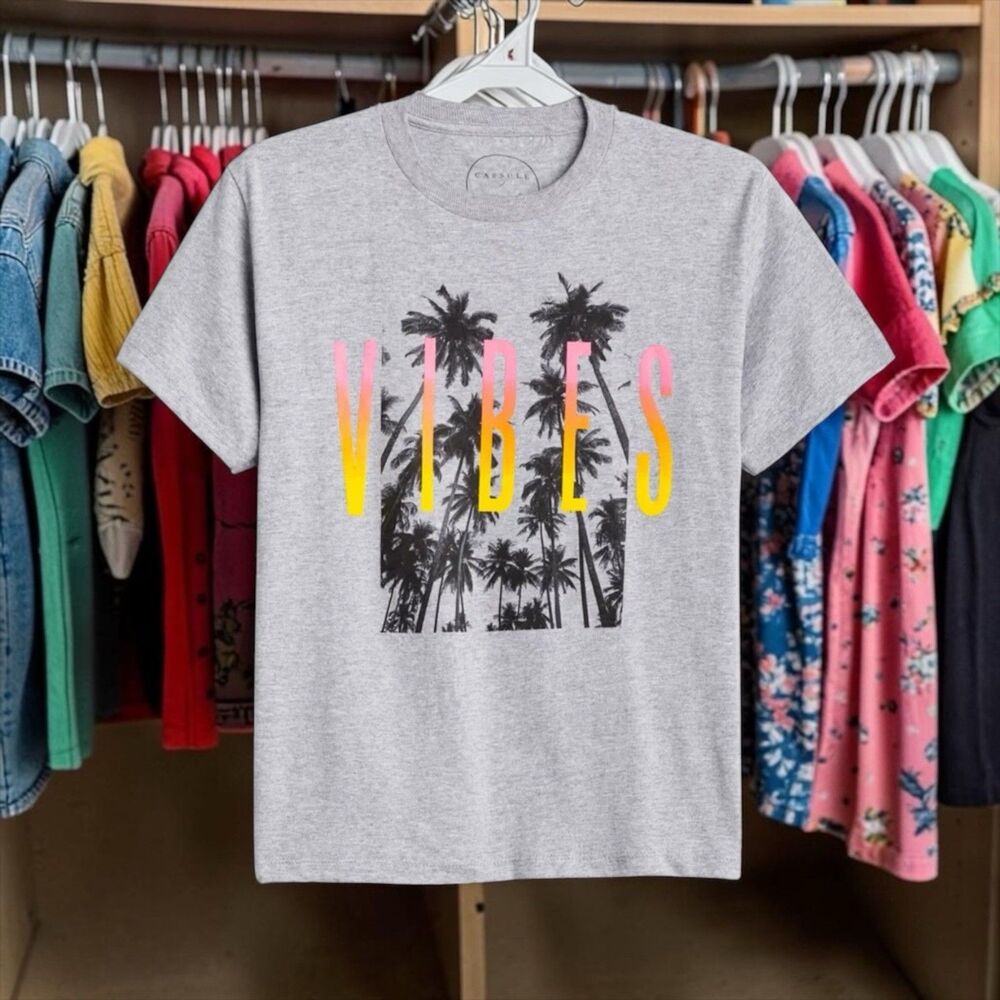 Capsule Boys Graphic Tee Size Small Gray Vibes Palm Tree Shirt Cotton EUC